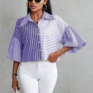 SHEIN Purple and White Striped Button Down Shirt